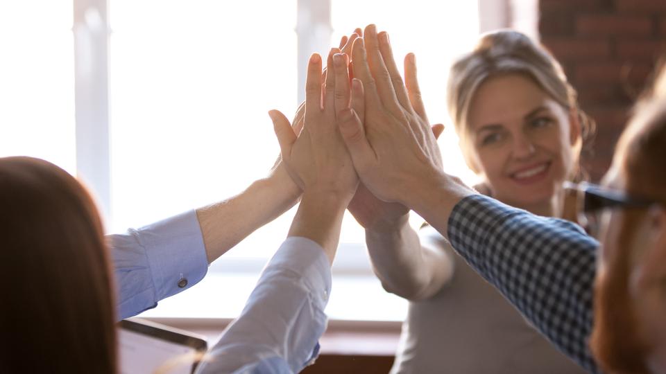 Fyra glada kollegor gör highfive på jobbet.